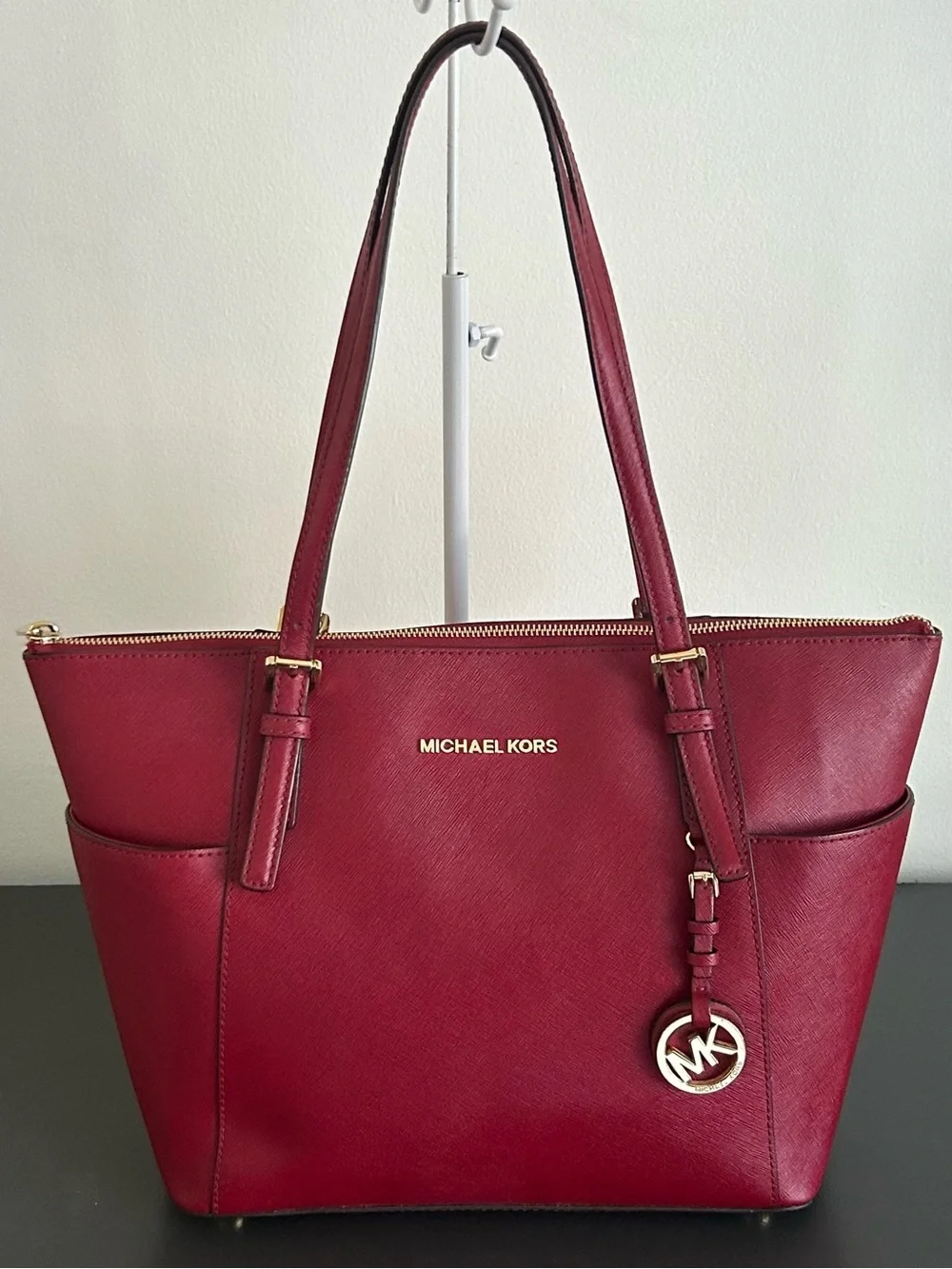 Michael Kors Burgundy Saffiano Leather Large Zip Tote Shoulder Work Bag